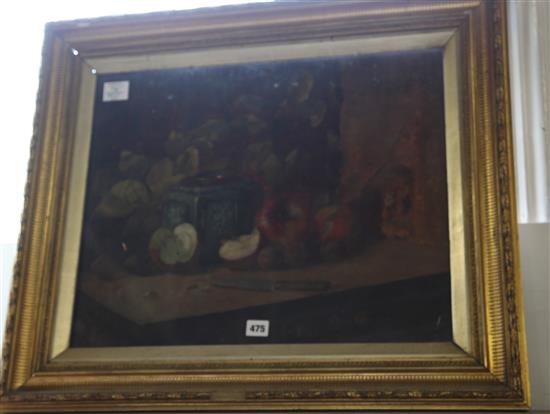19th century English School Still life of apples and a vase on a table, 18 x 22in.